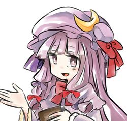  1girl :d book bust crescent_hair_ornament hair_ornament hair_ribbon hat hat_ribbon hisui_(kimochi) holding holding_book long_hair mob_cap open_mouth outstretched_hand patchouli_knowledge purple_hair ribbon smile touhou violet_eyes white_background 