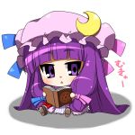  1girl book bow chibi crescent_hair_ornament hair_bow hair_ornament hat hat_bow long_hair moyashi_(artist) patchouli_knowledge solo touhou triangle_mouth very_long_hair violet_eyes 