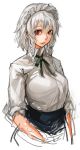  1girl adapted_costume alternate_costume bow braid breasts colored izayoi_sakuya large_breasts long_sleeves looking_at_viewer maid_headdress parted_lips portrait red_eyes sachito shirt short_hair silver_hair simple_background sketch solo touhou twin_braids white_background 