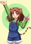  1girl animal_ears arm_up blush brown_hair kemonomimi_mode open_mouth red_eyes short_hair shorts smile solo suspenders tail tiger_ears tiger_tail tsukihime two_side_up urako yumizuka_satsuki 