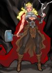  1girl armor blonde_hair blue_eyes boots breasts cape ear_protection electricity full_body genderswap hammer knee_boots large_breasts marvel mjolnir muscle pants romehamu showgirl_skirt sleeveless solo thor_(marvel) under_boob 