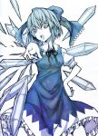  1girl blue_eyes blue_hair bow cirno dress hair_bow hand_on_hip ice ice_wings kenzaki_raki open_mouth pointing ribbon short_hair solo touhou wings 