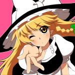  1girl anime_coloring blonde_hair blush bow braid hat hat_bow kirisame_marisa long_hair looking_at_viewer moyashi_(artist) one_eye_closed outstretched_arms side_braid solo touhou witch_hat yekong 