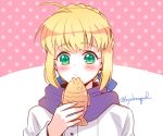  1girl ahoge blonde_hair blush bust byulrorqual fate/stay_night fate_(series) food green_eyes saber scarf solo taiyaki twitter_username wagashi 