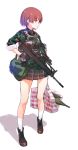  1girl assault_rifle bag boots brown_eyes brown_hair bullpup camouflage digital_camouflage gloves gun highres military nightmaremk2 original people&#039;s_liberation_army plaid plaid_skirt qbz-95 rifle short_hair skirt socks solo standing weapon 