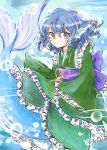  1girl animal_ears blue_eyes blue_hair drill_hair head_fins japanese_clothes kimono maru_usagi mermaid monster_girl obi sash short_hair sketch solo touhou underwater wakasagihime 