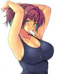  1girl adjusting_hair armpits arms_up breasts eroe green_eyes hair_tie large_breasts mouth_hold original ponytail popsicle school_swimsuit sideboob swimsuit 
