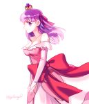  1girl bare_shoulders breasts bridal_gauntlets byulrorqual cleavage crown dress elbow_gloves fate/stay_night fate_(series) gloves gown hair_ribbon matou_sakura purple_hair ribbon solo violet_eyes 