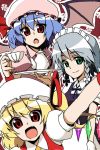  3girls apron bat_wings blonde_hair blue_hair bow braid fang flandre_scarlet green_eyes hat hat_bow izayoi_sakuya maid_apron maid_headdress moyashi_(artist) multiple_girls red_eyes remilia_scarlet side_ponytail silver_hair tea_set touhou twin_braids wings 