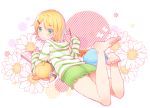  1girl aqua_eyes barefoot blonde_hair casual character_doll eating flower from_behind hair_ornament hairclip hoodie kagamine_len kagamine_rin looking_at_viewer looking_back lying on_stomach pocky short_hair short_shorts shorts sleeves_past_wrists solo taranbo vocaloid 