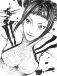  1girl bare_shoulders fujimo_nao halter_top halterneck han_juri highres monochrome smile solo street_fighter street_fighter_iv super_street_fighter_iv 