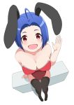  1girl ahoge animal_ears blue_hair breasts cleavage from_above haseneko highres idolmaster large_breasts looking_at_viewer miura_azusa open_mouth rabbit_ears red_eyes short_hair sitting solo thigh-highs 