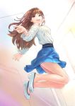  1girl bare_legs brown_eyes brown_hair carina_(xiaowoo) glasses highres jewelry jumping long_hair necklace no_socks original shoes skirt smile solo 