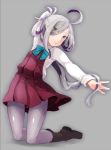  1girl ahoge asashimo_(kantai_collection) boots bowtie brown_boots comah eyes_visible_through_hair grey_background grey_eyes grey_hair grey_legwear hair_over_one_eye kantai_collection long_sleeves looking_at_viewer multicolored_hair pantyhose pleated_skirt ponytail purple_skirt school_uniform shirt simple_background skirt smile solo two-tone_hair white_shirt 