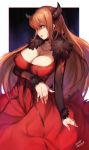  1girl artist_name blood blood_from_mouth breasts choker cleavage dated dress fur_trim highres horns large_breasts long_hair maou_(maoyuu) maoyuu_maou_yuusha mukka open_mouth red_eyes redhead solo 