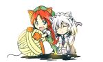  animal_ears apron bangs blue_eyes cat_day cat_ears chibi gloves hong_meiling izayoi_sakuya kemonomimi_mode lastfin long_hair looking_at_another maid_apron maid_headdress oversized_object parted_bangs paw_gloves redhead short_hair silver_hair touhou waist_apron 