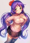  1girl behind_back black_legwear blue_hair blush breasts cleavage green_eyes hair_ribbon long_hair looking_at_viewer love_live!_school_idol_project open-chest_sweater parted_lips ribbon skirt solo sweater thigh-highs toujou_nozomi twintails urokoda very_long_hair zettai_ryouiki 