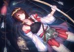  1girl akagi_(kantai_collection) amemaku arrow bow_(weapon) brown_eyes brown_hair collarbone damaged female floating japanese_clothes kantai_collection long_hair muneate partially_submerged ripples solo thigh-highs torn_clothes water weapon 