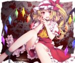  1girl bent_knees blonde_hair blood blood_splatter blush bow chain character_name choker cuffs fang flandre_scarlet frilled_skirt frills hat long_hair looking_at_viewer nanamiya open_mouth ponytail red_eyes shackles short_sleeves skirt solo touhou wings 