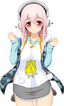  1girl absurdres artist_request blush breasts headphones highres hoodie large_breasts long_hair looking_at_viewer nitroplus pink_hair pom_pom_(clothes) red_eyes smile solo super_sonico 