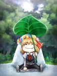  1girl ascot blonde_hair blush closed_eyes fang firopito flower flower_wreath forest giant_leaf hair_ribbon highres nature rain ribbon rumia short_hair sitting smile tombstone touhou 