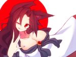  1girl animal_ears breasts brooch brown_hair cleavage collarbone imaizumi_kagerou jewelry kuresento large_breasts licking_lips long_hair long_sleeves one_eye_closed red_eyes shirt skirt smile solo tail touhou werewolf wide_sleeves wolf_ears 