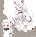  1girl albino artist_name blush blush_stickers breast_conscious breasts dress highres horns imagining kantai_collection long_hair northern_ocean_hime older pale_skin red_eyes solo twitter_username white_dress white_hair white_skin yukihama 