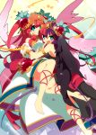  2girls aqua_eyes asymmetrical_wings bare_shoulders barefoot chaos_venus_(p&amp;d) dress dual_persona feathered_wings hair_tubes heart long_hair multicolored_hair multiple_girls mzh open_mouth purple_hair puzzle_&amp;_dragons redhead smile tiara two-tone_hair two_side_up venus_(p&amp;d) wings 