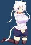  1girl ahoge animal_ears annoyed black_legwear blue_background blue_eyes blush breast_squeeze breasts cat_ears cat_tail felt_whitesnow highres huge_breasts kneeling original pout ribbed_sweater sawati short_hair_with_long_locks short_shorts shorts solo sweater tail thigh-highs thigh_strap v_arms white_hair 