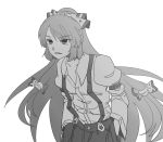  1girl :&lt; buckle fujiwara_no_mokou hair_ribbon hakutakuanta hands_in_pockets highres long_hair long_sleeves monochrome ribbon solo suspenders touhou tress_ribbon very_long_hair white_background 