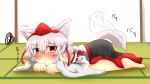  1girl :t absurdres animal_ears bare_shoulders barefoot blush detached_sleeves hat highres inubashiri_momiji looking_at_viewer lying pout red_eyes ribbon-trimmed_sleeves ribbon_trim short_hair silver_hair solo tail tail_wagging tears tokin_hat touhou translation_request wolf_ears wolf_tail 