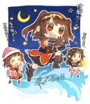  &gt;_&lt; 3girls blush brown_hair chibi crescent_moon double_bun flashlight headband holding_pillow jintsuu_(kantai_collection) kantai_collection moon multiple_girls naka_(kantai_collection) night night_sky nightcap pillow renta_(deja-vu) sendai_(kantai_collection) sky star translation_request triangle_mouth twitter_username 