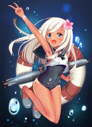  1girl blonde_hair blue_eyes crop_top flower fujishiro_kokoa hair_flower hair_ornament kantai_collection lifebuoy long_hair ro-500_(kantai_collection) sailor_collar school_swimsuit swimsuit swimsuit_under_clothes tan tanline torpedo underwater v 