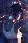  1girl android black_hair blue_eyes cable commentary electric_plug electric_socket from_behind glowing glowing_eyes hair_lift highres looking_back neon_trim original robot_girl rtil short_hair small_breasts solo sports_bra 