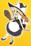  1girl blonde_hair bow braid broom broom_riding hair_bow hat hat_bow highres kirisame_marisa long_hair moyashi_(artist) open_mouth side_braid solo touhou witch_hat yellow_eyes 