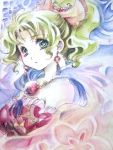  1girl abstract_background bare_shoulders cape detached_sleeves earrings final_fantasy final_fantasy_vi graphite_(medium) green_eyes green_hair highres jewelry looking_at_viewer nijinohouseki ponytail solo tina_branford traditional_media watercolor_(medium) 
