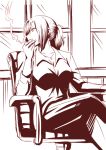  1girl aozaki_touko breasts chair cigarette crossed_legs jewelry kara_no_kyoukai large_breasts long_hair monochrome pendant ponytail shirt sitting smoking solo urako 