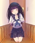  1girl black_hair chitanda_eru closed_eyes highres hyouka kneeling long_hair rinowa school_uniform serafuku smile 