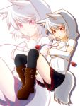  1girl alternate_costume animal_ears black_legwear blush boots crossed_arms inubashiri_momiji looking_at_viewer marusan open_mouth pom_pom_(clothes) red_eyes short_hair silver_hair simple_background solo tail touhou white_background wolf_ears wolf_tail zoom_layer 