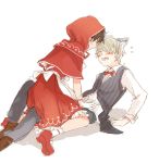  2boys aldnoah.zero animal_ears big_bad_wolf_(cosplay) big_bad_wolf_(grimm) blonde_hair blush bowtie brown_hair cosplay crossdressinging dress fang kaizuka_inaho little_red_riding_hood little_red_riding_hood_(cosplay) little_red_riding_hood_(grimm) male_focus multiple_boys short_hair slaine_troyard wolf_ears 