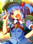  1girl backpack bag blue_eyes blue_hair blush dress fang hair_bobbles hair_ornament hand_up happy hat k.ei kawashiro_nitori key looking_at_viewer one_eye_closed open_mouth puffy_short_sleeves puffy_sleeves shirt short_hair short_sleeves short_twintails skirt skirt_set smile solo touhou twintails wrench 