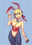  1girl ahoge animal_ears bare_shoulders black_legwear blonde_hair breasts bunnysuit card cleavage covered_navel detached_collar fate/extra fate_(series) green_eyes hair_ribbon large_breasts looking_at_viewer open_mouth pantyhose playing_card rabbit_ears revision ribbon saber_extra solo wrist_cuffs yuksi 