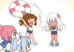  &gt;_&lt; 4girls :d :o bare_arms bare_legs blue_hair brown_hair flower gradient_hair hair_flower hair_ornament hair_ribbon i-168_(kantai_collection) i-19_(kantai_collection) i-401_(kantai_collection) innertube kantai_collection long_hair multicolored_hair multiple_girls open_mouth pink_hair ponytail ribbon ro-500_(kantai_collection) sailor_collar school_swimsuit school_uniform serafuku shibi slippers smile swimsuit swimsuit_under_clothes tan tanline translated twintails white_hair xd 