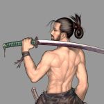  1boy back bare_back beard brown_hair facial_hair folded_ponytail g_otto katana muscle over_shoulder ponytail simple_background solo sword sword_over_shoulder topless weapon weapon_over_shoulder 