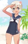  1girl alternate_hair_length alternate_hairstyle blue_eyes crop_top flower hair_flower hair_ornament iku_(wtu6pma7) kantai_collection ro-500_(kantai_collection) sailor_collar salute school_swimsuit short_hair silver_hair standing swimsuit swimsuit_under_clothes tan tanline 