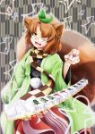  1girl animal_ears board_game brown_hair futatsuiwa_mamizou glasses japanese_clothes leaf leaf_on_head mahjong mahjong_tile one_eye_closed open_mouth para_(dachsaria) pince-nez pom_pom_(clothes) raccoon_ears raccoon_tail scarf smile tail touhou yellow_eyes 