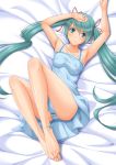 1girl aqua_eyes aqua_hair arms_up bare_arms barefoot bed bent_knees blush breasts collarbone dress feet hair_ribbon hatsune_miku jewelry long_hair looking_at_viewer lying panties ribbon smile solo striped striped_panties tachibana twintails underwear very_long_hair vocaloid 