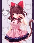  1girl alternate_costume animal_ears armpits artist_name bamboo_(akimotoaki) blush bow breasts brown_hair cat cat_ears cat_tail cleavage cleavage_cutout dated fingernails frilled_skirt frills grey_background hair_bow hair_tubes hakurei_reimu highres kemonomimi_mode layered_dress looking_at_viewer nail_polish paw_pose red_eyes shawl skirt smile solo tail touhou 