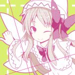  1girl beni_shake blonde_hair bow fairy_wings hair_bow hat lily_white long_hair one_eye_closed red_eyes solo touhou wings 