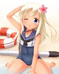  1girl ;p arm_behind_head bare_legs bare_shoulders barefoot blonde_hair blue_eyes covered_navel crop_top faubynet flower hair_flower hair_ornament highres kantai_collection lifebuoy long_hair looking_at_viewer neckerchief one_eye_closed ro-500_(kantai_collection) sailor_collar school_uniform sitting solo tan tanline tongue tongue_out torpedo wariza 